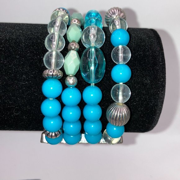 Turquoise Colored, Silver-Tone, Clear Beaded 4-Strand Bracelet! - Picture 4 of 8